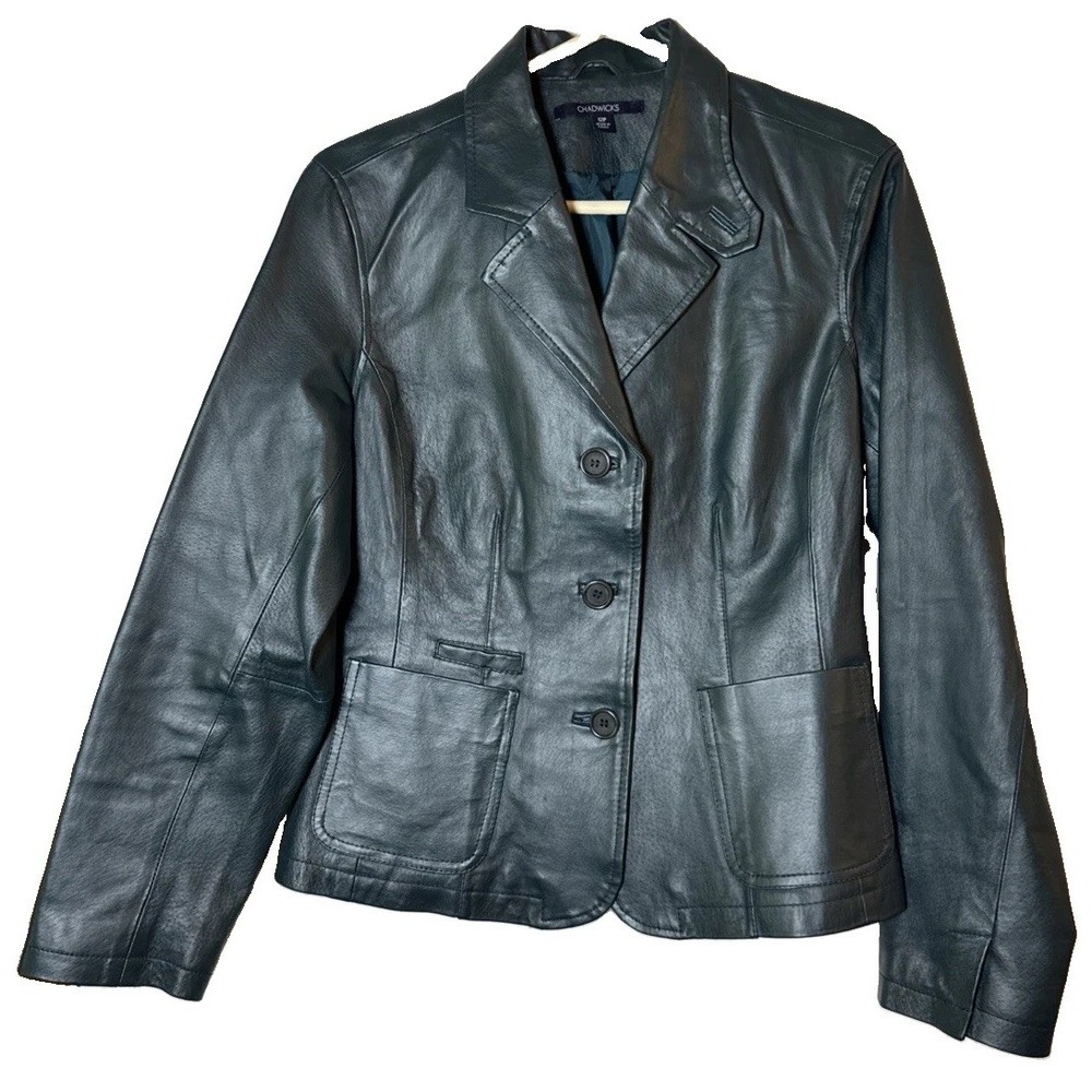 Chadwicks Women 12P Genuine Leather Blazer Jacket Green Teal Button Front Petite